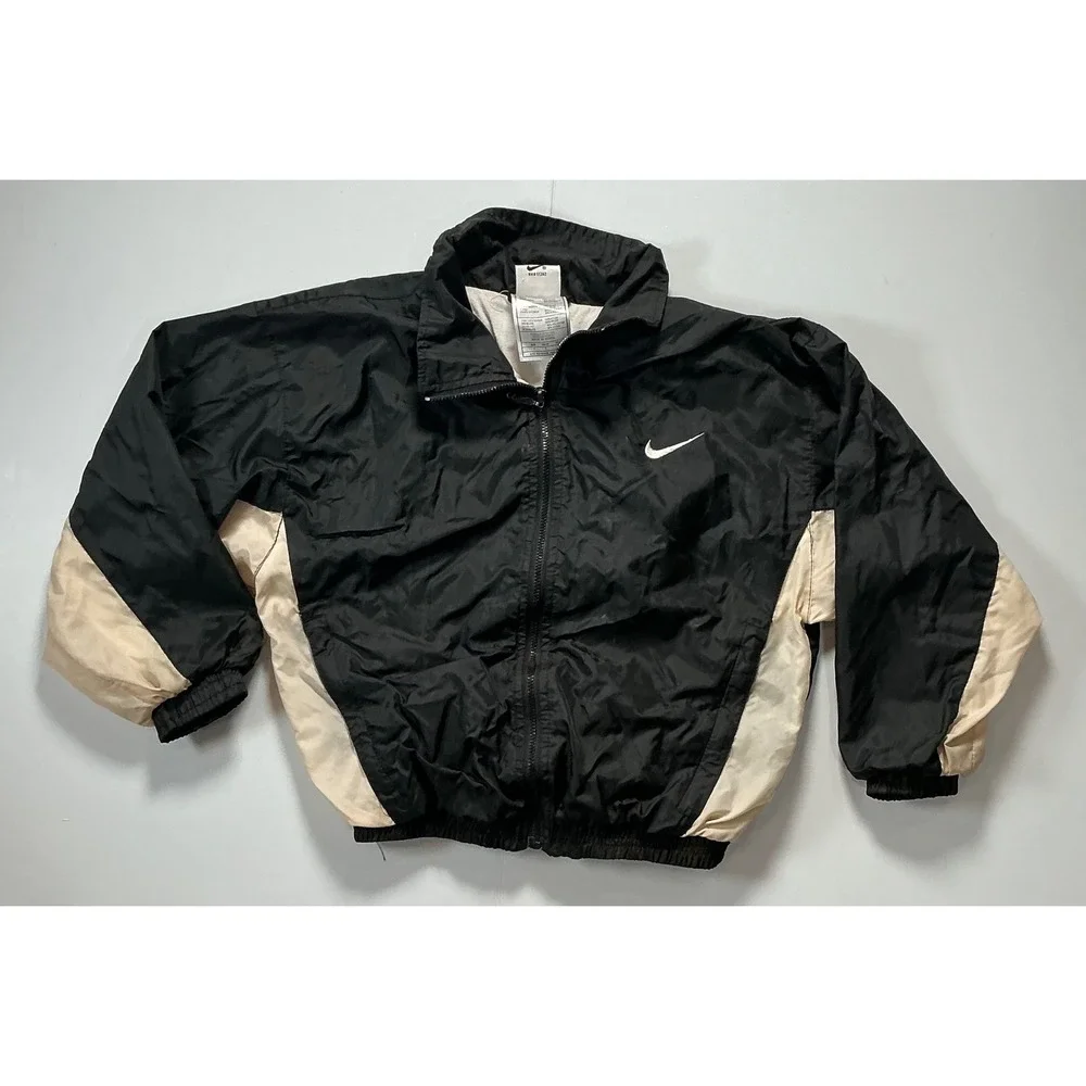 VTG Y2K 90s Nike Windbreaker Jacket Kids Sz 7 Black Full Zip Sporty Aesthetic
